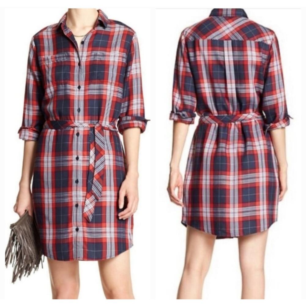 Banana Republic Plaid Shirt Dress Button Front Roll Tab Sleeve Womens Size 6 New